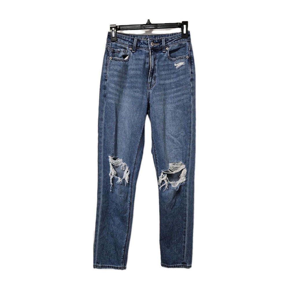 American Eagle Jeans Women 0 Blue Mom High Rise Distressed Comfort Stretch Denim